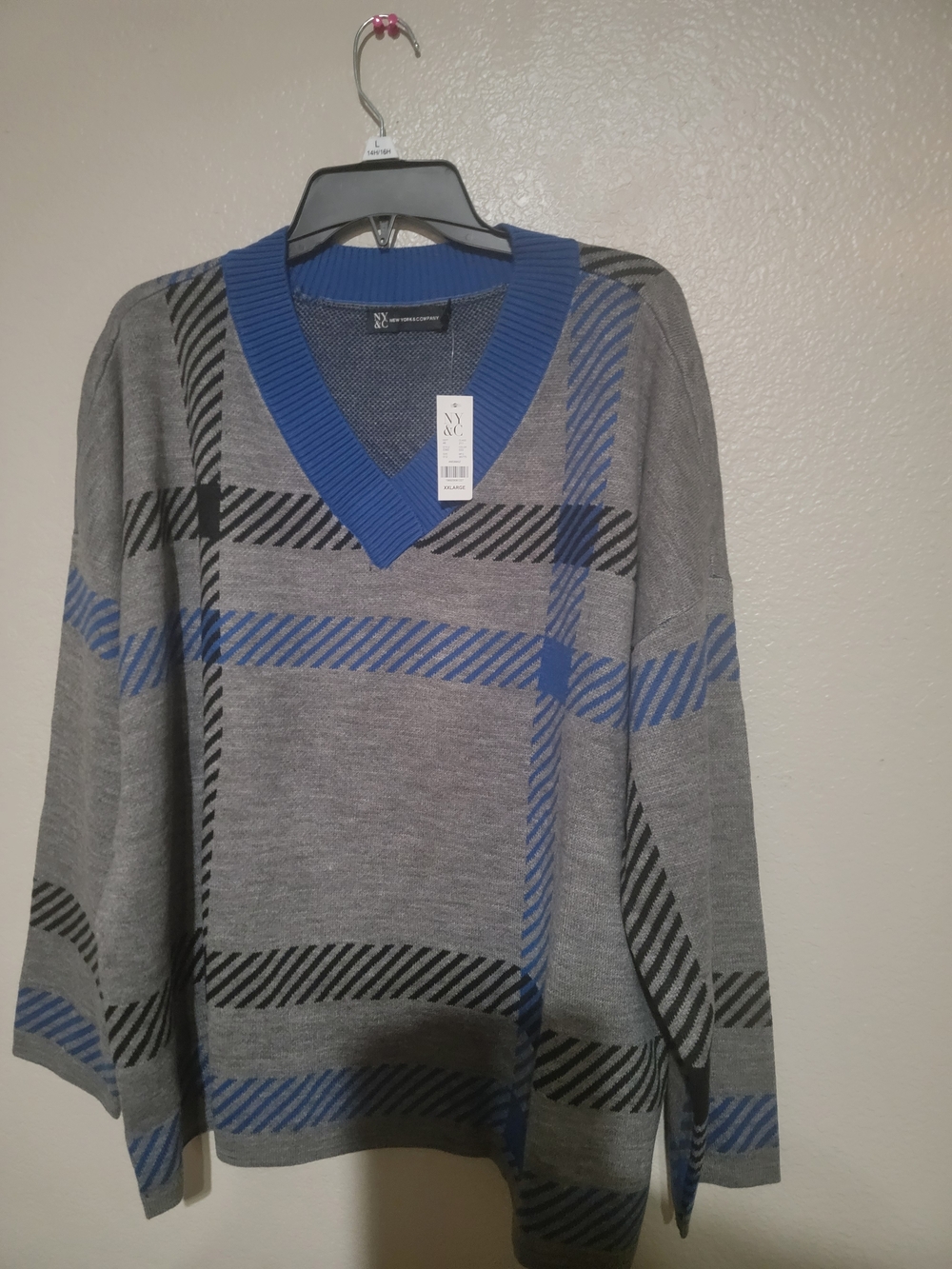 New York & Company Gray V-Neck Sweater with Blue Plaid Trim